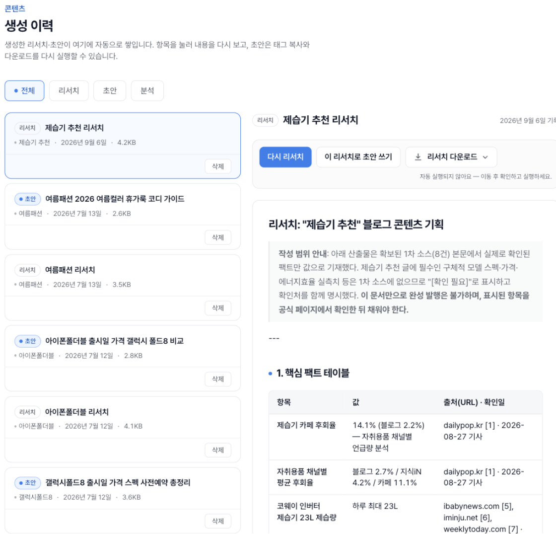 생성 이력 화면. 위쪽에 전체·리서치·초안·분석 필터, 왼쪽에 유형 배지·키워드·저장일·크기가 붙은 항목 목록, 오른쪽 상세에 '다시 리서치'·'이 리서치로 초안 쓰기'·'리서치 다운로드' 버튼과 저장된 내용이 보인다.