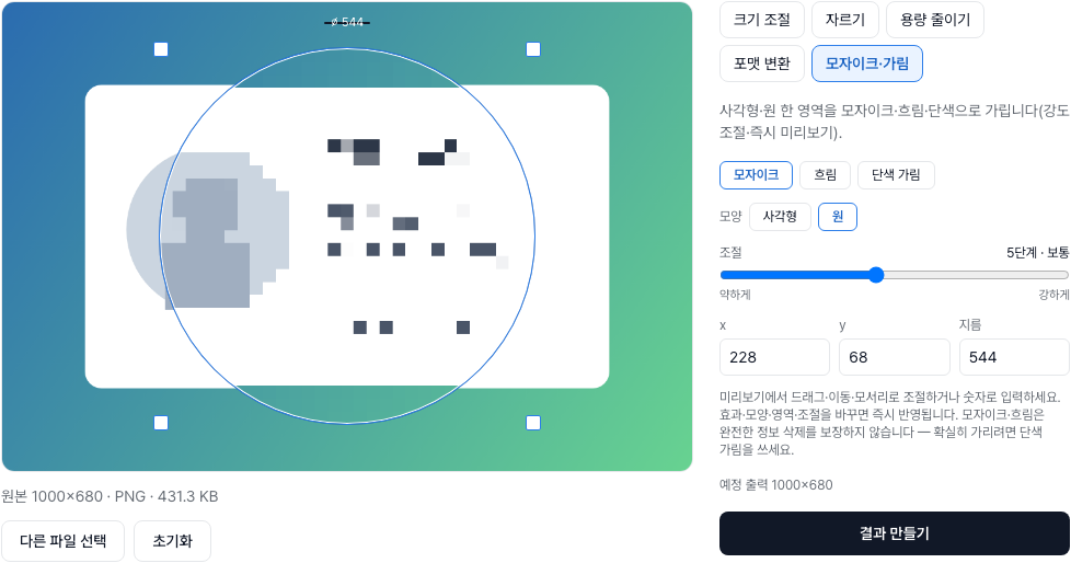 모자이크·가림 화면: 원형으로 선택한 영역에 모자이크가 즉시 미리보기로 적용되고, 효과(모자이크·흐림·단색 가림)·모양(사각형·원)·조절 슬라이더가 보인다.
