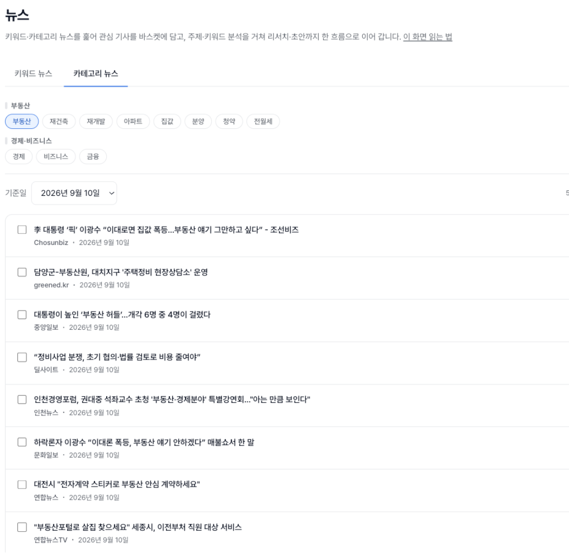 카테고리 뉴스 탭 화면. 부동산 분야(부동산·재건축·재개발·아파트·집값·분양·청약·전월세)와 경제·비즈니스 분야(경제·비즈니스·금융) 버튼, 기준일 선택 상자, 그날 모은 기사 목록이 보인다.